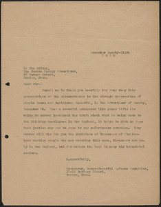 Aldino Felicani (Sacco-Vanzetti Defense Committee) typed letter (copy) to Editor, Boston Sunday Advertiser, Boston, Mass., December 29, 1920