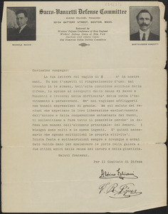 Aldino Felicani and Frank R. Lopez (Sacco-Vanzetti Defense Committee) typed circular letter signed, in Italian, to Carissimo compagno, Boston, Mass., January - March 1921
