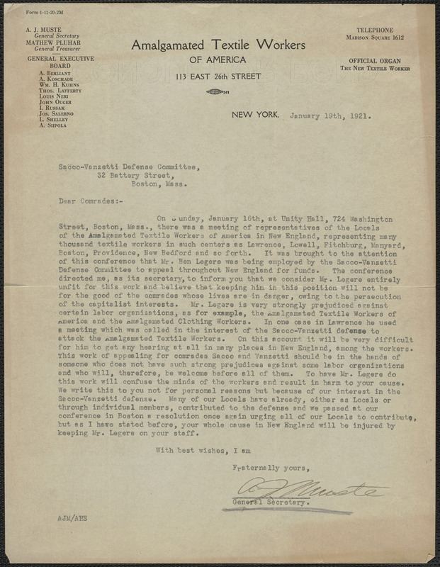 A. Muste (Amalgamated Textile Workers of America) typed letter signed to Sacco-Vanzetti Defense Committee; New York, N.Y., January 19, 1921