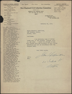 John S. Codman (New England Civil Liberties Committee) typed letter signed to Sacco-Vanzetti Defense Committee, Brookline, Mass., February 23, 1921