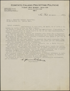 Luigi Quintiliano (Comitato Italiano Pro-Vittime Politiche) typed letter signed, in Italian, to Sacco-Vanzetti Defense Committee, New York, N.Y., March 25, 1921