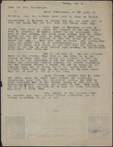 Sacco-Vanzetti Defense Commtttee typed memo to Fred G. Biedenkapp, Boston, Mass., May 9, [1921?]
