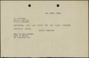 Aldino Felicani telegram (copy) to V. Laffargo, Boston, Mass., May 19, 1921