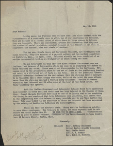 Anthony Dentemaro, Enrico Scalzilli, Ubaldo Guidi, S. R. Romano, and Ariel Bellondi typed letter circular to Dear Friend, [Boston], May 19, 1921