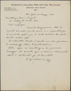 Luigi Quintiliano (Comitato Italiano Pro-Vittime Politiche) autograph letter signed, in Italian, to Sacco-Vanzetti Defense Committee, New York, N.Y., May 20, 1921