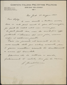Luigi Quintiliano (Comitato Italiano pro Vittime Politiche) autograph letter signed, in Italian, to Frank Lopez, New York, N.Y., June 21, 1921