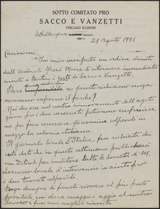 E. Dallacqua (Sotto Comitato Pro Sacco e Vanzetti) autograph letter signed, in Italian, to Sacco-Vanzetti Defense Committee, Chicago, Ill., August 29, 1921