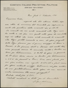 Luigi Quintiliano (Comitato Italiano Pro-Vittime Politiche) autograph letter signed, in Italian, to [Emilio] Coda, New York, N.Y., September 6, 1921