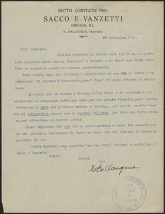 E. Dallacqua (Sotto Comitato Pro Sacco e Vanzetti) typed letter signed, in Italian, to Sacco-Vanzetti Defense Committee, Chicago, Ill., September 22, 1921
