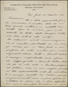 Luigi Quintiliano (Comitato Italiano Pro-Vittime Politiche) autograph letter signed, in Italian, to [Frank Lopez?] New York, N.Y., September 23, 1921
