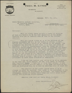 Theodore H. Lunde typed letter signed to Sacco-Vanzetti Defense Committee, Chicago, Ill., September 24, 1921