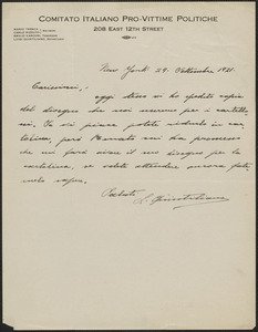 Luigi Quintiliano (Comitato Italiano Pro-Vittime Politiche) autograph letter signed, in Italian, to [Sacco-Vanzetti Defense Committee], New York, N.Y., September 29, 1921