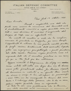 Luigi Quintiliano (Italian Defense Committee) autograph letter signed, in Italian, to Emilio Coda, New York, N.Y., October 13, 1921