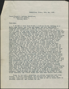 Arthur Ackland typed letter signed to Sacco-Vanzetti Defnese Committee, Manhattan, Kan., October 24, 1921