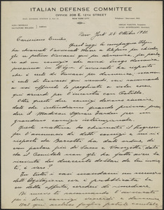 Luigi Quintiliano (Italian Defense Committee) autograph letter signed, in Italian, to Emilio Coda, New York, New York, N.Y., October 25, 1921