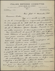 Luigi Quintiliano (Italian Defense Committee) autograph letter signed, in Italian, to Emilio Coda, New York, New York, November 1, 1921