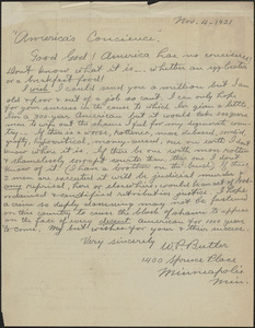 W. P. Butler autograph letter signed to Sacco-Vanzetti Defense Committee, Minneapolis, Minn., November 4, 1921