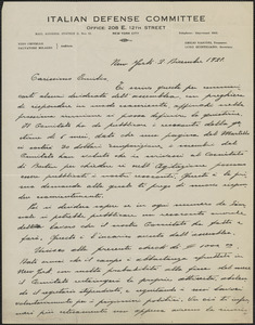 Luigi Quintiliano (Italian Defense Committee) autograph letter signed, in Italian, to Emilio Coda, New York, N.Y., December 2, 1921
