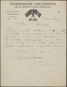 Giocondo Diplotti (Federazione Colombiana Delle Societa' Italo-Americane) autograph letter signed, in Italian, to Sacco-Vanzetti Defense Committee, Virden, Ill., December 3, 1921