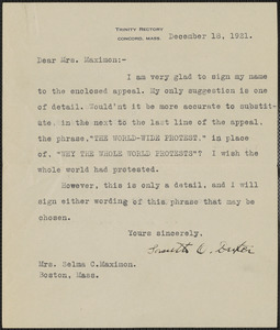 Smith O. Dexter typed letter signed to Selma Maximon, Concord, Mass., December 18, 1921