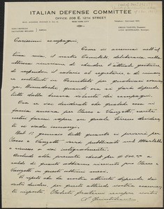 Luigi Quintiliano (Italian Defense Cimmittee) autograph letter signed, in Italian, to Emilio Coda, New York, N.Y., December 28, 1921