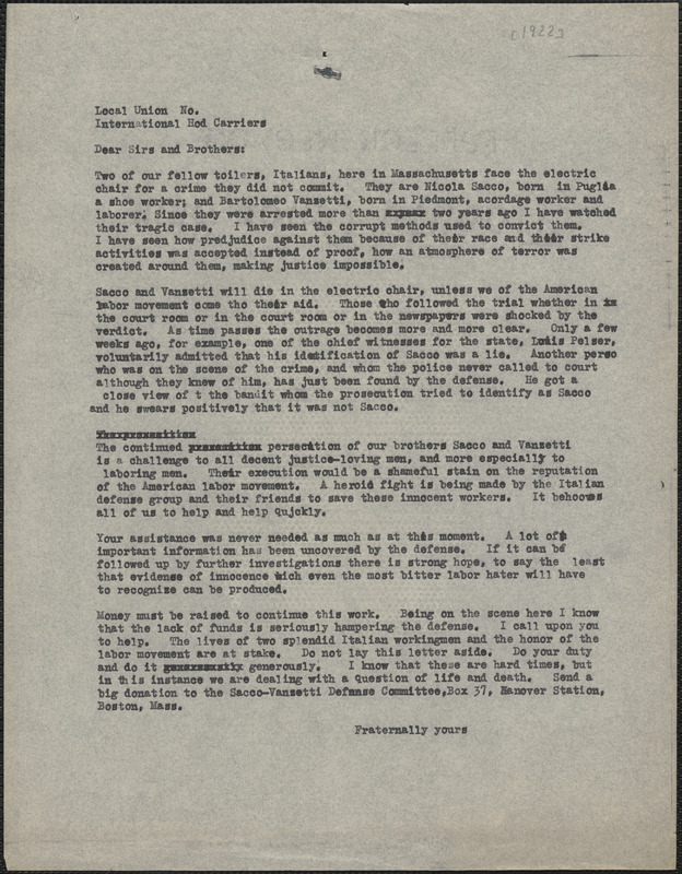 Sacco-Vanzetti Defense Comittee typed letter (circular) to the International Hod Carriers' and Building and Common Laborers' Union of America, Boston, Mass., [1922]