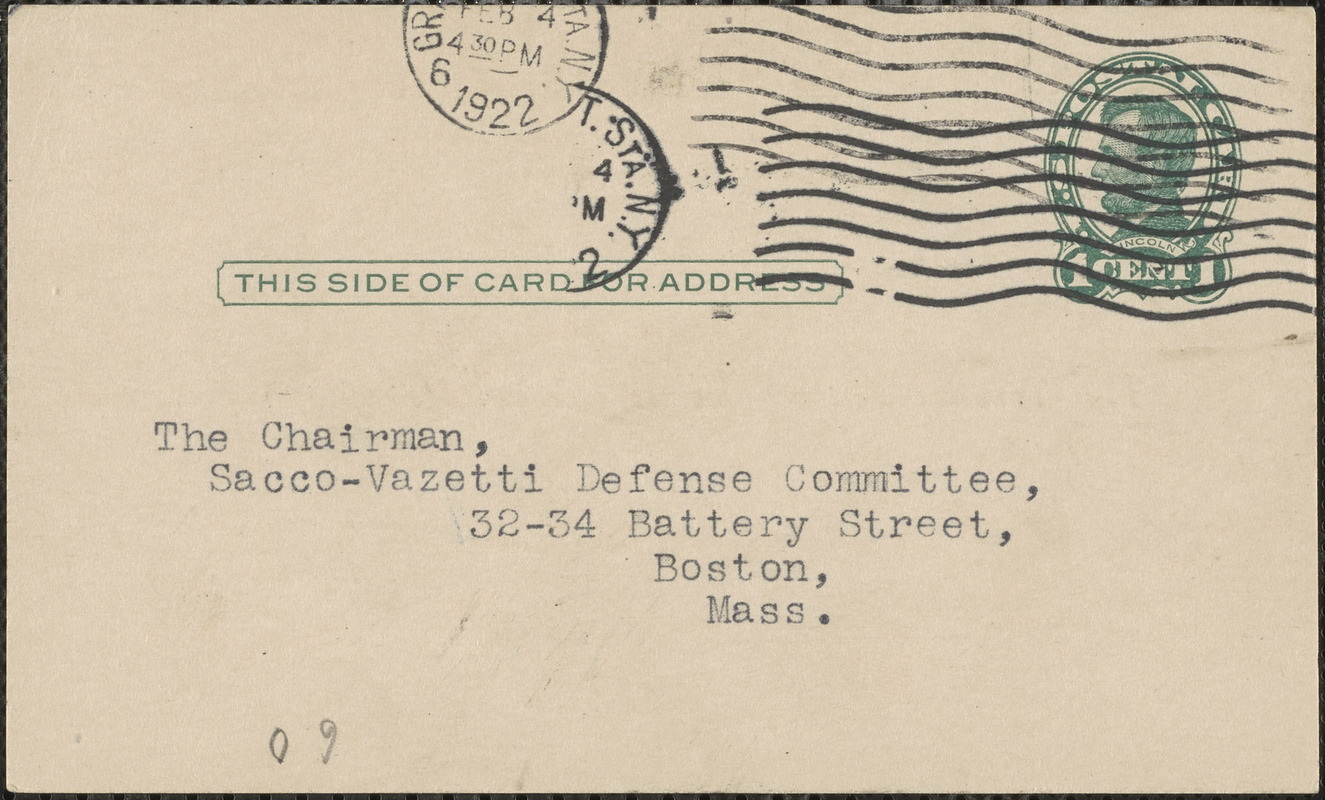 Edwin H. Anderson typed postcard to Sacco-Vanzetti Defense Committee, New York, N.Y., February 3, 1922