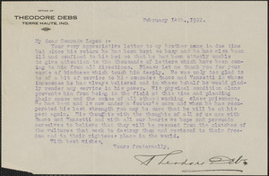 Theodore Debs typed letter signed to Frank R. Lopez, Terre Haute, Ind., February 14, 1922