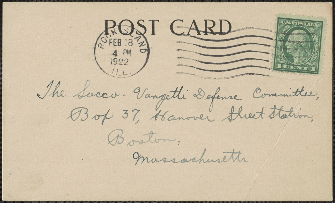 I. Nothstein (Denkman Memorial Library, Augustana College and Theological Seminary) autograph note signed (postcard) to Sacco-Vanzetti Defense Committee, Rock Island, Ill., February 17, 1922