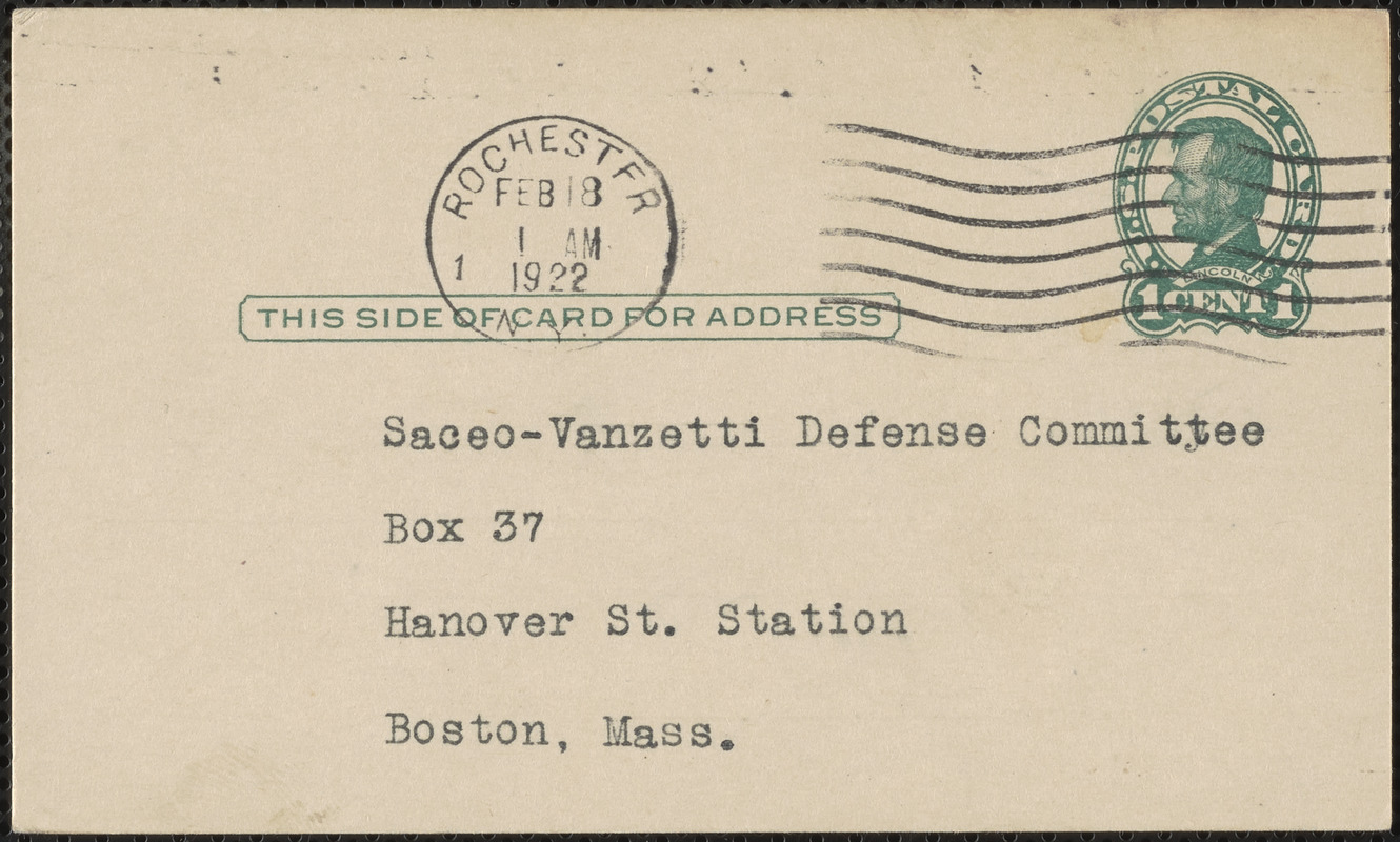 William F. Yust (Rochester Public Library) autograph note signed (postcard) to Sacco-Vanzetti Defense Committee, Rochester, N.Y., February 17, 1922