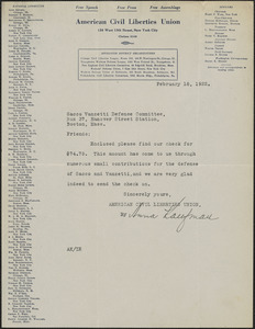 Anna Kaufman (American Civil Liberties Union) typed letter signed to Sacco Vanzetti Defense Committee, New York, New York.Y., February 18, 1922
