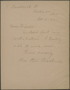 Alice Stone Blackwell autograph note signed to Sacco-Vanzetti Defense Committee, Boston, Mass., October 16, 1922