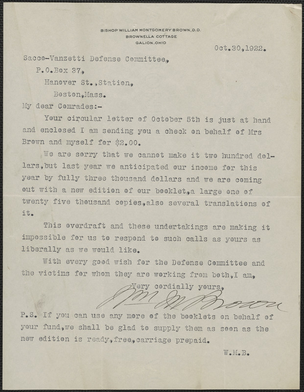 William Montgomery Brown typed letter signed to Sacco-Vanzetti Defense Committee, Galion, Ohio, October 30, 1922