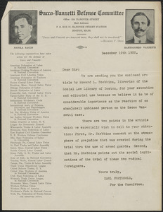 Karl Pretzhold (Sacco-Vanzetti Defense Committee) typed letter signed (circular), Boston, Mass., December 12, 1922