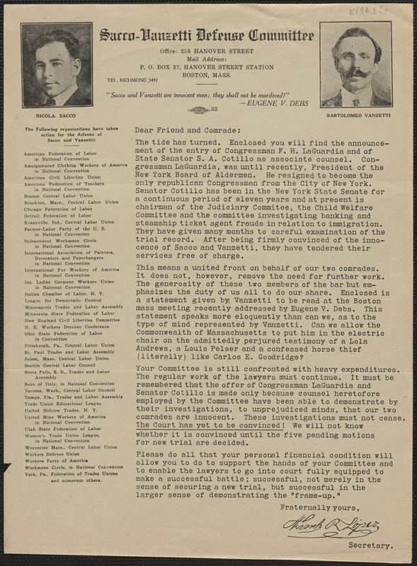 Frank R. Lopez (Sacco-Vanzetti Defense Committee) typed letter signed (circular) to Dear Friend and comrade, Boston, Mass., [1923?]