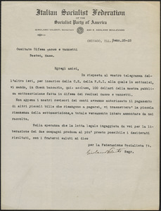Girolamo Valenti (Italian Socialist Federation of the Socialist Party of America) typed letter signed, in Italian, to Sacco-Vanzetti Defense Committee, Chicago. Ill., January 25, 1923