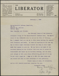 Nancy Markoff (The Liberator) typed letter signed to Sacco-Vanzetti Defense Committee, New York, N.Y., February 1, 1923