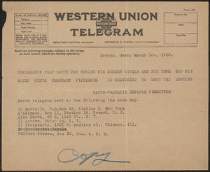 Sacco-Vanzetti Defense Committee telegram (copy), Boston, Mass., March 1, 1923