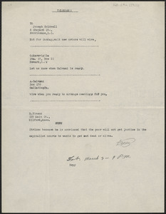 Frank R. Lopez telegram (copy) to Joseph Coldwell, O. Maraviglia, A. Calvani, and R. Piesco, [Boston, Mass.], March 3, [1923]