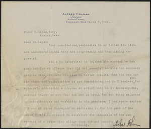 Alfred Holman typed letter signed to Frank R. Lopez, Cincinnati, Ohio, March 5, 1923