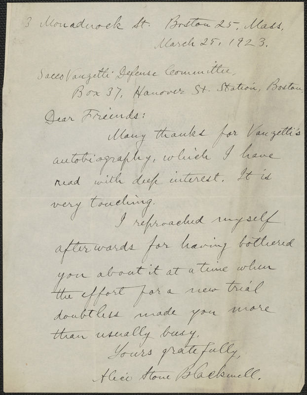 Alice Stone Blackwell autograph letter signed to Sacco-Vanzetti Defense Committee, Boston, Mass., March 25, 1923