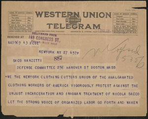 Amalgamated Clothing Workers of America. Clothing Cutters, Local Union 4 telegram to Sacco-Vanzetti Defense Committee, New York, N.Y., March 30, 1923