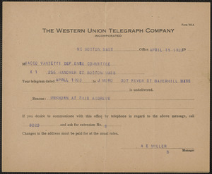 Western Union Telegraph Company typed form to Sacco-Vanzetti Defense Committee Boston, Mass., April 11, 1923