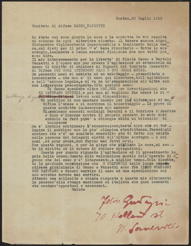 Felice Guadagni typed letter signed, in Italian, to Sacco-Vanzetti Defense Committee, Boston. Mass., July 20, 1923