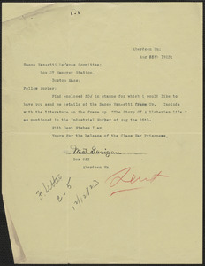 M. T. Gavigan typed letter to Sacco-Vanzetti Defense Committee, Aberdee, Wis., August 25, 1923