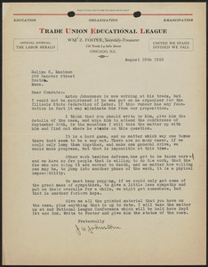 J. W. Johnstone (Trade Union Educational League), typed letter signed Selma Maximon, Chicago, Ill., August 25, 1923