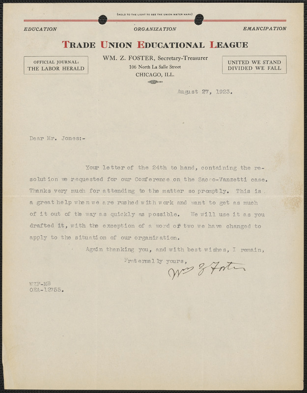 William Z. Foster (Trade Union Educational League) typed letter signed to Hays Jones, Chicago, Ill., August 27, 1923
