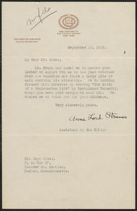 Anna Lord Strauss (The Century Magazine) typed letter signed to Hays Jones, New York, N.Y., September 12, 1923