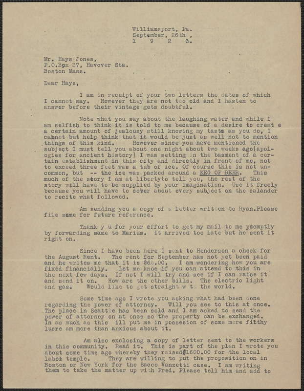 Albert Carpenter typed letter signed to Hays Jones, Williamsport, Pa ...