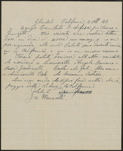 Joseph Monacelli autograph letter signed, in Italian, to Sacco -Vanzetti Defense Committee, Glendale, Calif., October 3, 1924